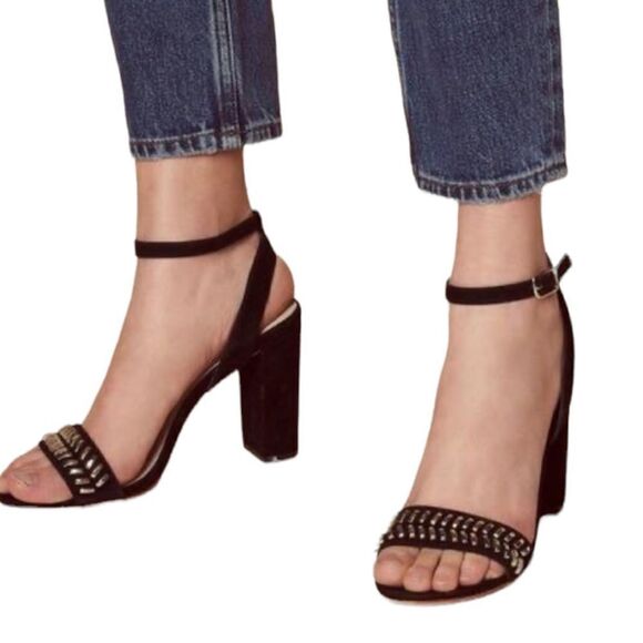 SANDRO PARIS Black Suede Sandals Gina Block Heels Studded Size 39 US 8.5 - Picture 4 of 11